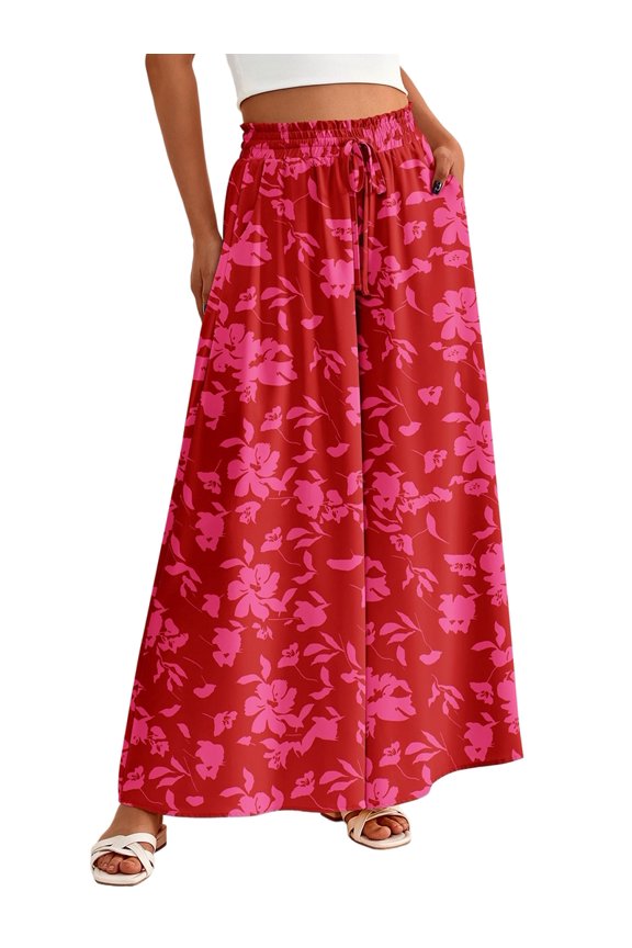 Women Casual High Waist Wide Leg Pants Summer Long Palazzo Pants Pocket Lounge Vacation Clothes Red Print XXL