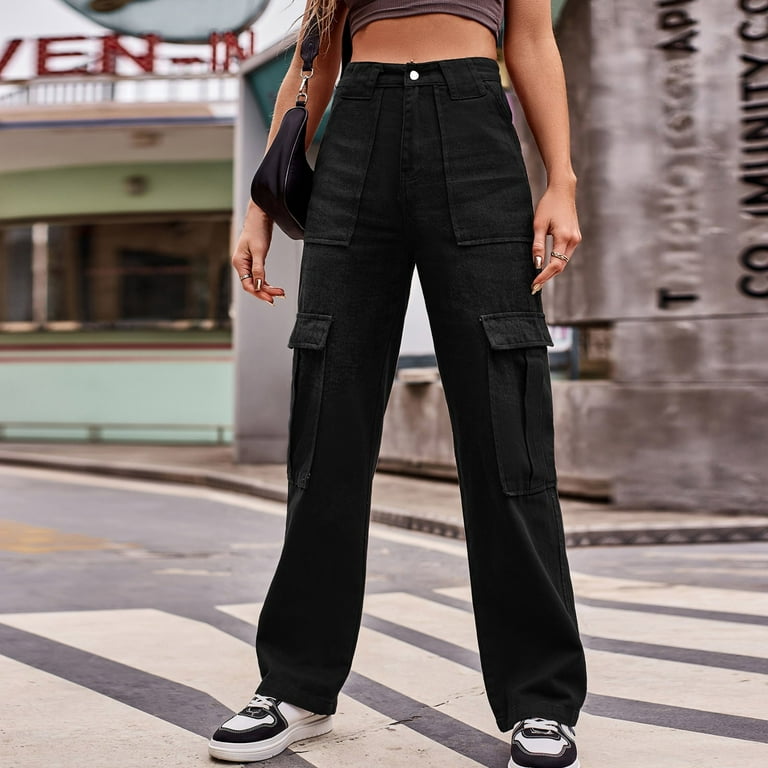 Women Casual High Waisted Cargo Pants Wide Leg Casual Denim Trousers Multi  Pocket Cargo Jeans Black XXL