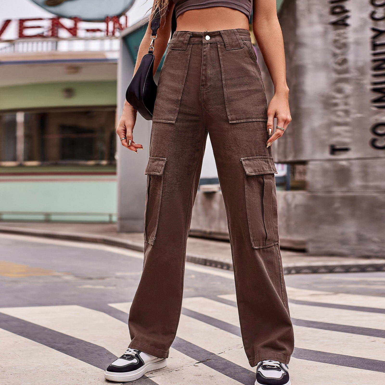 Women Casual High Waisted Cargo Pants Wide Leg Casual Denim Trousers Multi  Pocket Cargo Jeans Black XXL