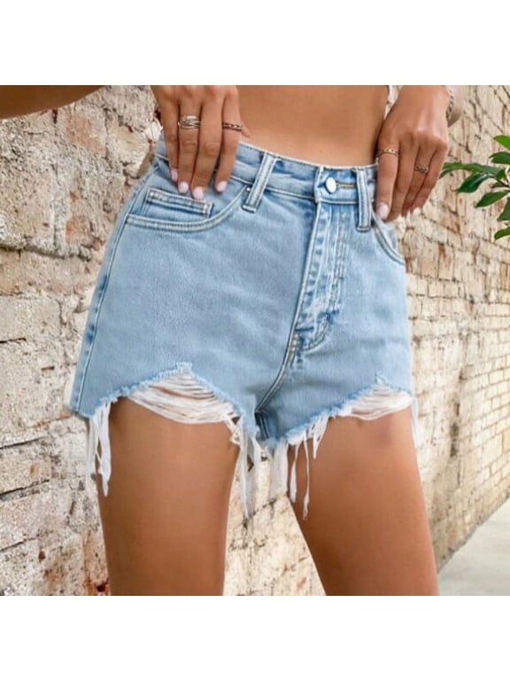 Women Casual High Waisted Denim Shorts Frayed Hem Ripped Jeans Shorts