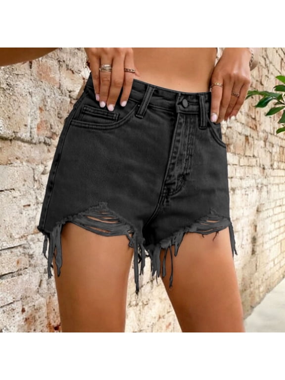 Women Casual High Waisted Denim Shorts Frayed Hem Ripped Jeans Shorts