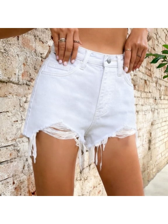 Women Casual High Waisted Denim Shorts Frayed Hem Ripped Jeans Shorts