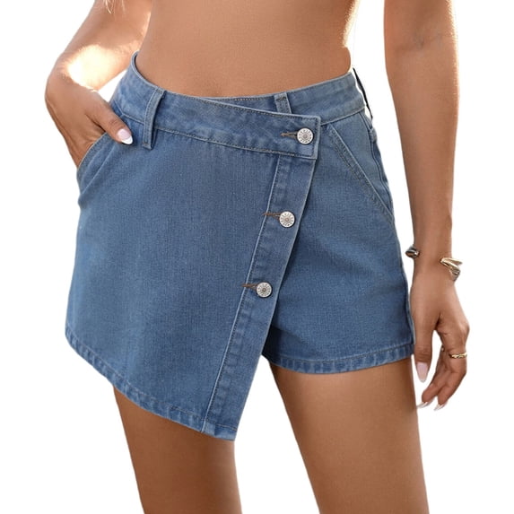 Women Casual High Waisted Solid Button Up Asymmetrical Denim Jean Skort Skirt Mini Shorts Light Blue S