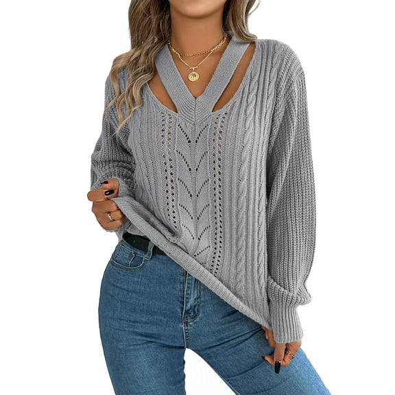 Women Casual Hollowed Out V-Neck Pullover Sweater Knit Long Sleeve Shirts Top Sweaters Grey L