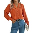 thumbnail image 1 of Women Casual Hollowed Out V-Neck Pullover Sweater Knit Long Sleeve Shirts Top Sweaters Orange Color XL, 1 of 9
