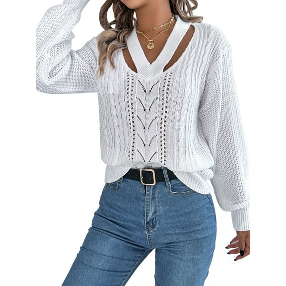 Women Casual Hollowed Out V-Neck Pullover Sweater Knit Long Sleeve Shirts Top Sweaters White S