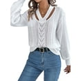 thumbnail image 1 of Women Casual Hollowed Out V-Neck Pullover Sweater Knit Long Sleeve Shirts Top Sweaters White XL, 1 of 9