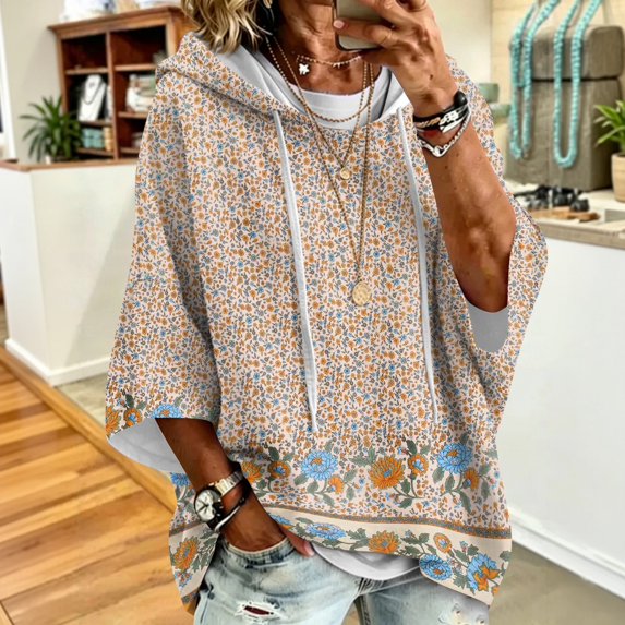 Women Casual Hooded Sweatshirt 3/4 Sleeve Floral Pattern Oversized Pullover Loose Fit Drawstring Hoodie Trendy Travel And Going Out Pullover Tops