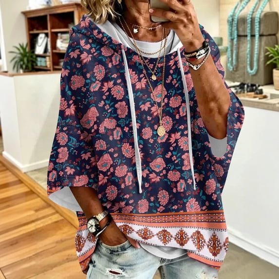 Women Casual Hooded Sweatshirt 3/4 Sleeve Floral Pattern Oversized Pullover Loose Fit Drawstring Hoodie Trendy Travel And Going Out Pullover Tops
