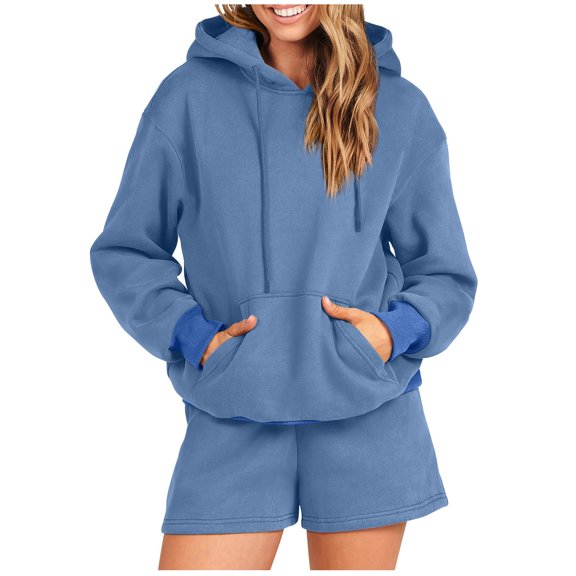 Women Casual Hooded Sweatshirt And Sports Shorts Set Loose Fit Sports Set With Pockets Sweatpants 2 Piece Set