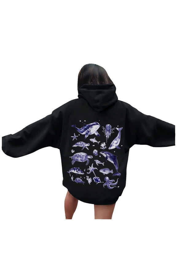 Women Casual Hooded Sweatshirt With Pocket Comfortable Pullover World Print Design Jeans For Spring Fall Daily Wear Black S