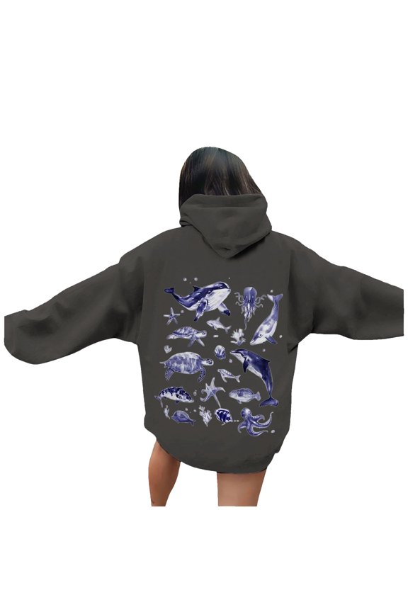 Women Casual Hooded Sweatshirt With Pocket Comfortable Pullover World Print Design Jeans For Spring Fall Daily Wear Gray S
