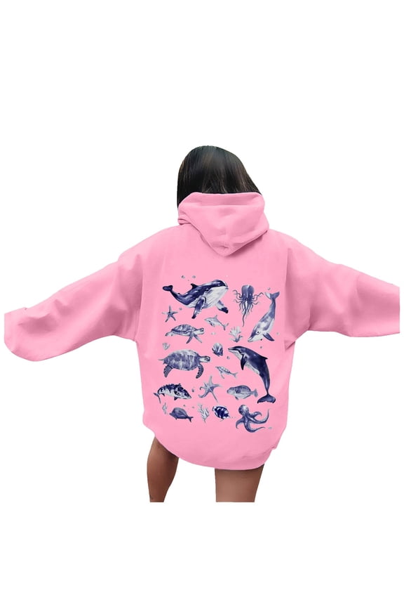 Women Casual Hooded Sweatshirt With Pocket Comfortable Pullover World Print Design Jeans For Spring Fall Daily Wear Pink S