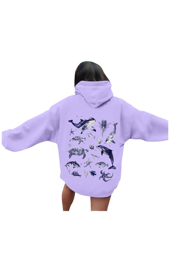 Women Casual Hooded Sweatshirt With Pocket Comfortable Pullover World Print Design Jeans For Spring Fall Daily Wear Purple S