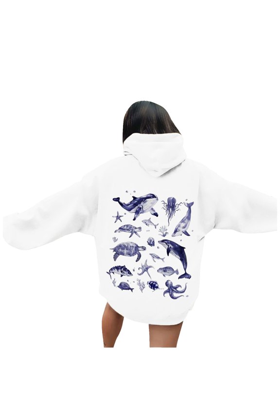 Women Casual Hooded Sweatshirt With Pocket Comfortable Pullover World Print Design Jeans For Spring Fall Daily Wear White S