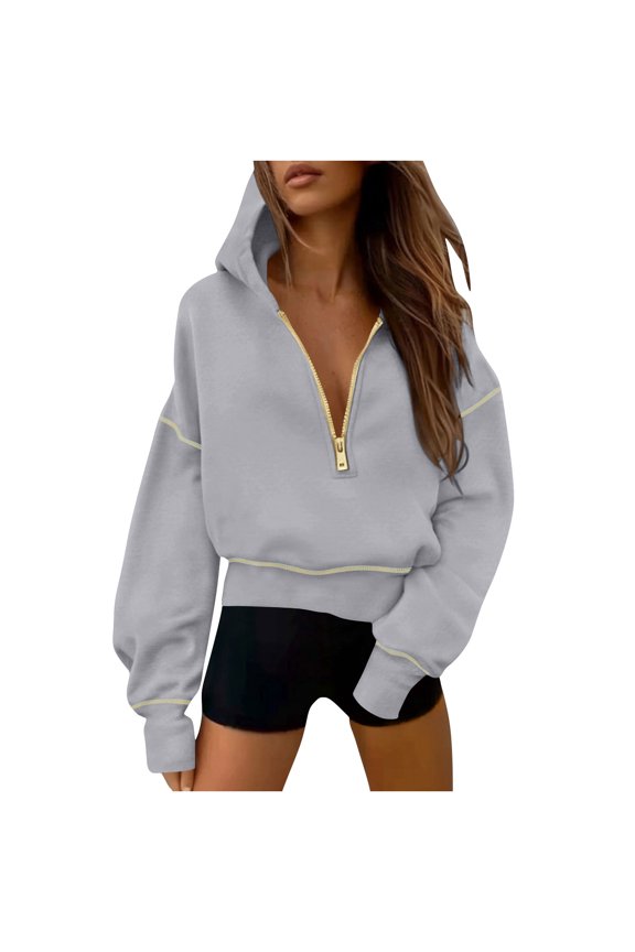 Women Casual Hooded Sweatshirts Basic Oversized Y2K Quarter Half Zip Pullover Tops Cropped Hoodie Comfy Lightweight Long Sleeve Jumpers Gym Workout Fashion Fall Winter Fleece Hoodies