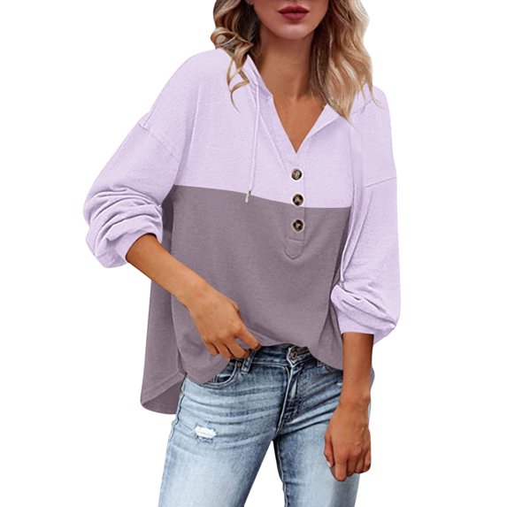 Women Casual Hooded Two Color Splicing Printing Drawstring Long Sleeves Button Sweatshirt Hoodie Top