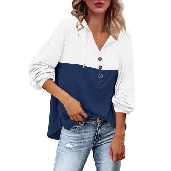 Women Casual Hooded Two Color Splicing Printing Drawstring Long Sleeves Button Sweatshirt Hoodie Top