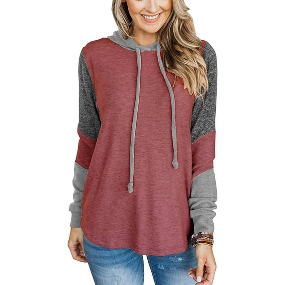 Women Casual Hoodies Color Block Pullover Long Sleeve Tops With Drawstring Sweatshirts