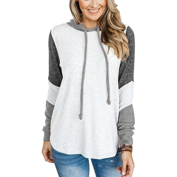 Women Casual Hoodies Color Block Pullover Long Sleeve Tops With Drawstring Sweatshirts