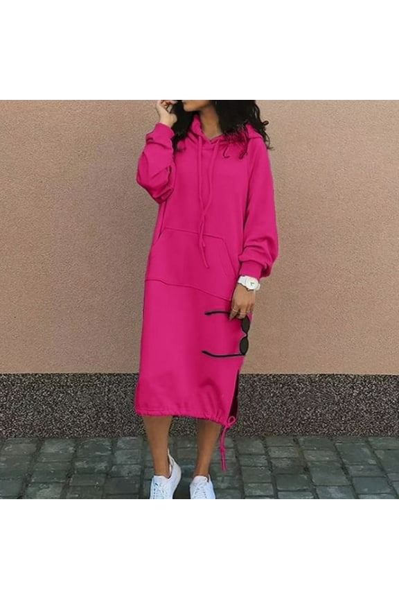 Women Casual Hoodies Dress Long Sleeve Side Split Hem Drawstring Hooded Pullover Long Maxi Sweatshirt Dress with Pockets 4XL