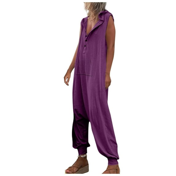Women Casual Hoodies Jumpsuits Loose Fit Sleeveless Tops Trendy One Piece Set Outfit Tracksuit Button Jumpsuit with Hood