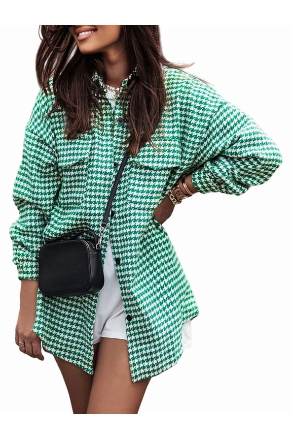 Women Casual Houndstooth Jacket Flannel Shacket Loose Long Sleeve Button Down Shacket with Pockets Green S