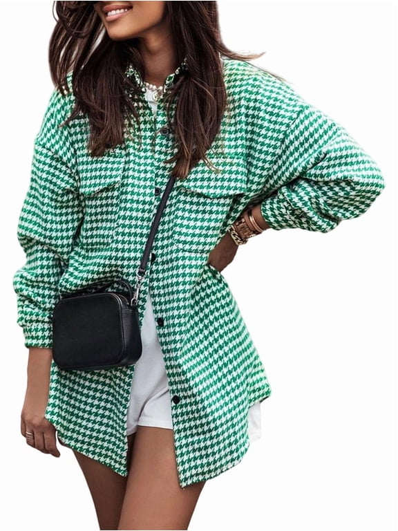 Women Casual Houndstooth Jacket Flannel Shacket Loose Long Sleeve Button Down Shacket with Pockets Green S