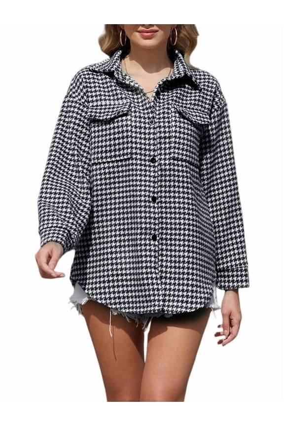 Women Casual Houndstooth Jacket Flannel Shacket Loose Long Sleeve Button Down Shacket with Pockets