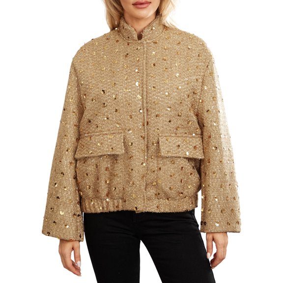 Women Casual Jacket, Long Sleeve Button Closure Shiny Sequins Fall Jacket Outwear