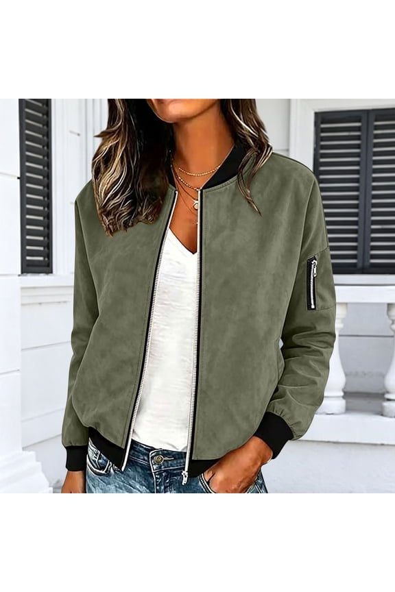 Women Casual Jacket Solid Color Zip Up Long Sleeve Jacket with Ribbed Contrast Panels And Kangaroo Pocket Casual Outerwear Spring Fall Clothes