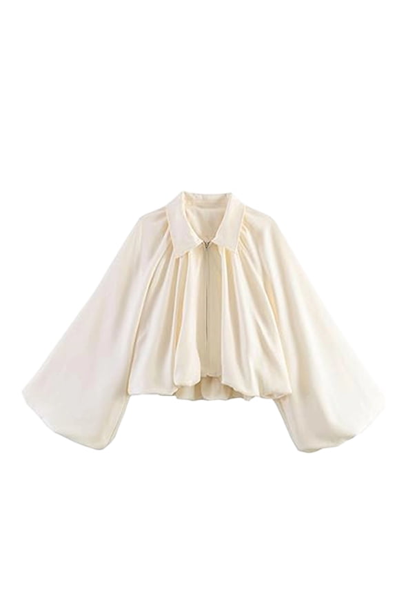 Women Casual Jacket Spring Winter Solid Color Collared Ruffled Long Sleeved Jacket Cropped Bell Sleeve Zipper Casual Outfits Spring Fall Clothes