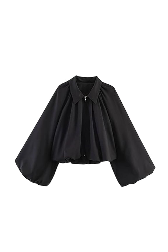 Women Casual Jacket Spring Winter Solid Color Collared Ruffled Long Sleeved Jacket Cropped Bell Sleeve Zipper Casual Outfits Spring Fall Clothes