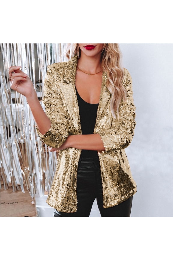 Women Casual Jackets Carnival Clothes For Women Sequins Sequins Casual Long Sleeve Glitter Party Shiny Lapel Rave Outerwear Coat Gold XXXL