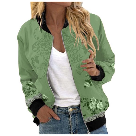 Women Casual Jackets Floral Print Long Sleeve Zip Up Bomber Jackets Fall Winter Collar Lightweight Loose Outerwear Coat Z001-Green XXL