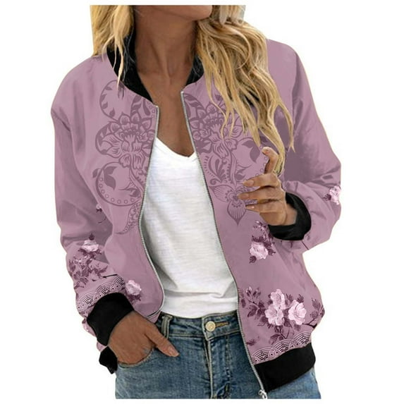 Women Casual Jackets Floral Print Long Sleeve Zip Up Bomber Jackets Fall Winter Collar Lightweight Loose Outerwear Coat Z001-Pink S
