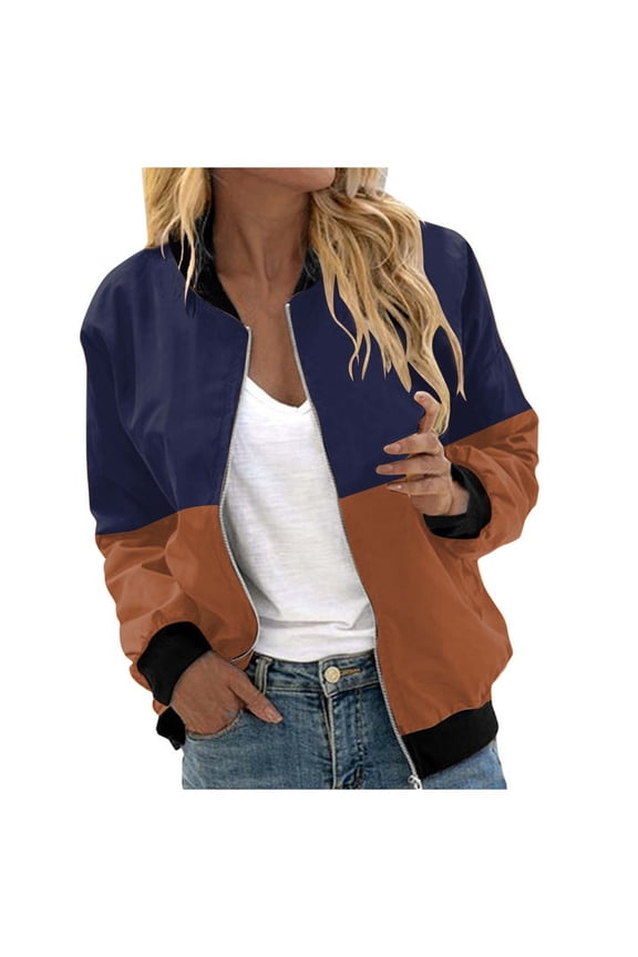 Women Casual Jackets Floral Print Long Sleeve Zip Up Bomber Jackets Fall Winter Collar Lightweight Loose Outerwear Coat Z003-Navy M