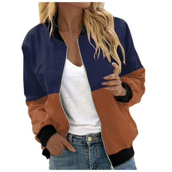 Women Casual Jackets Floral Print Long Sleeve Zip Up Bomber Jackets Fall Winter Collar Lightweight Loose Outerwear Coat Z003-Navy XL