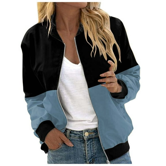 Women Casual Jackets Floral Print Long Sleeve Zip Up Bomber Jackets Fall Winter Collar Lightweight Loose Outerwear Coat Z003-Sky Blue XXL