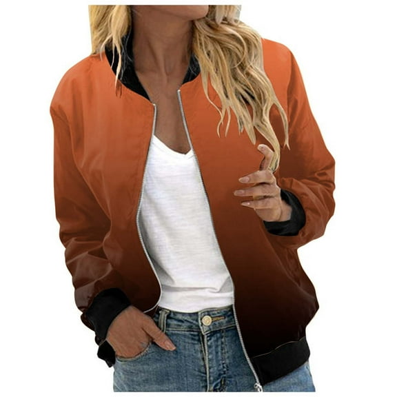 Women Casual Jackets Floral Print Long Sleeve Zip Up Bomber Jackets Fall Winter Collar Lightweight Loose Outerwear Coat Z005-Orange S