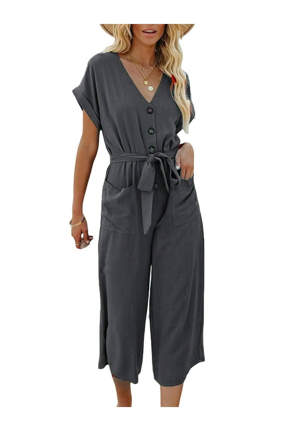 Women Casual Jumpsuit Romper Short Sleeve V-Neck Button Closure Waist Tie Wide Leg Pants with Pockets