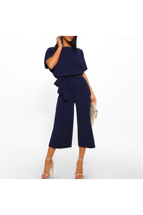 Women Casual Jumpsuit Round Neck Solid Color Junpsuit Short Sleeve Belted Wide Elegant Leg Pant Jumpsuit Womens Fitted Suit Long Sleeve Pant Suit for Women Vest Jumpsuits for Women 1st Date Outfit