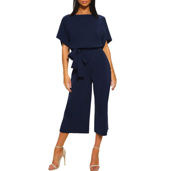 Women Casual Jumpsuit Round Neck Solid Color, Short Sleeve Belted Wide Leg, Polyester, Daily Wear
