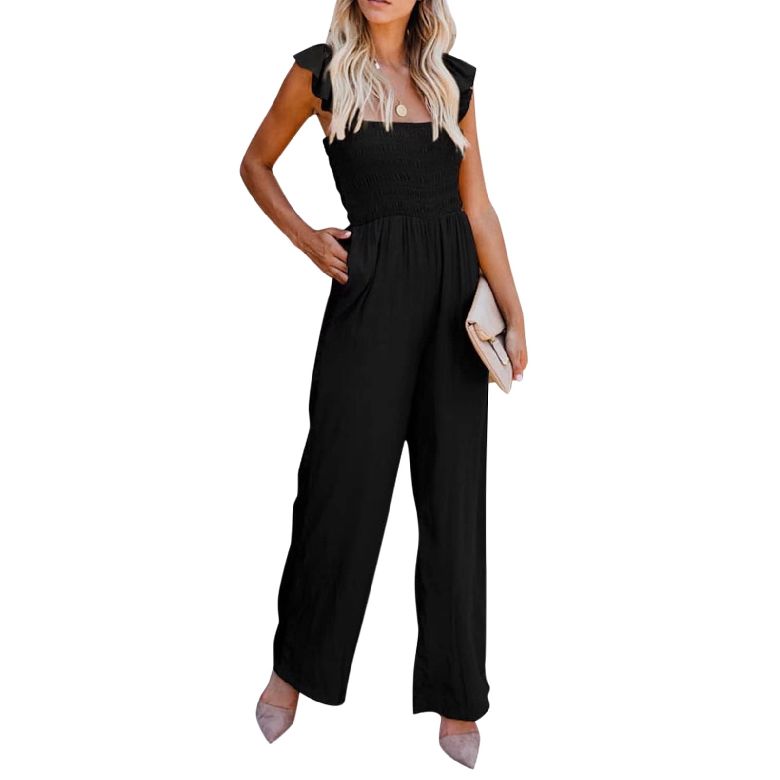 Women Casual Jumpsuit Spring Summer Ruffled Straps High Waist Jumpsuit ...