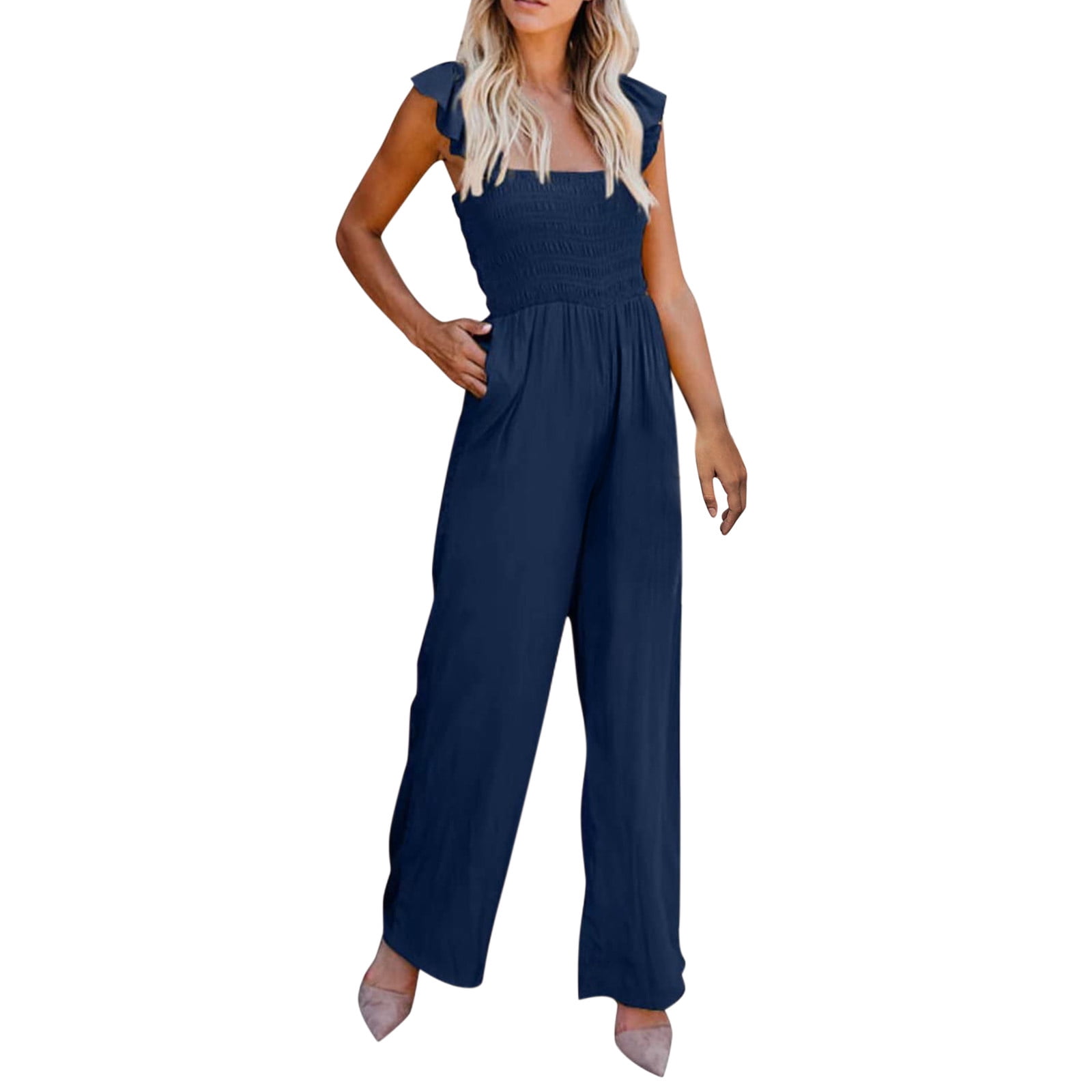 Women Casual Jumpsuit Spring Summer Ruffled Straps High Waist Jumpsuit ...