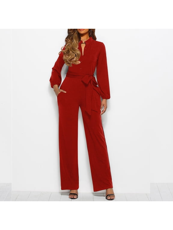 Women Casual Jumpsuits Loose Fit Belted Dressy Long Sleeve Crewneck Autumn Jumpsuit Long Wide Legs Formal Rompers Wrap Jumpsuit Ladies Pants Suits for Wedding Womens Jumpsuit Long Sleeve Body Suit