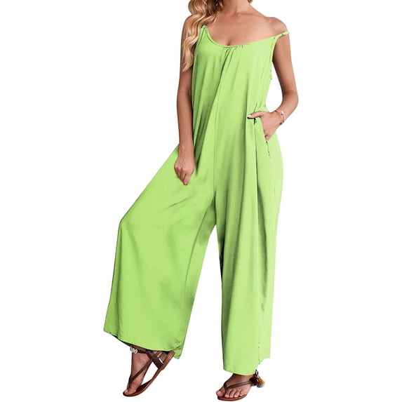 Women Casual Jumpsuits Summer Sleeveless Loose Jumpsuit Shoulder Strap Adjustable Long Pants Rompers with Pockets Green L