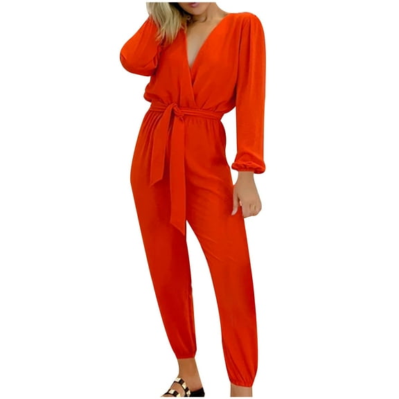 Women Casual Jumpsuits V Neck Long Sleeve Playsuit with Belted Ladies Elegant Dungarees Summer Baggy Playsuits Bib Overalls Wedding Party Clubbing Romper