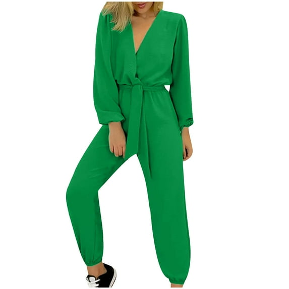 Women Casual Jumpsuits V Neck Long Sleeve Playsuit with Belted Ladies Elegant Dungarees Summer Baggy Playsuits Bib Overalls Wedding Party Clubbing Romper