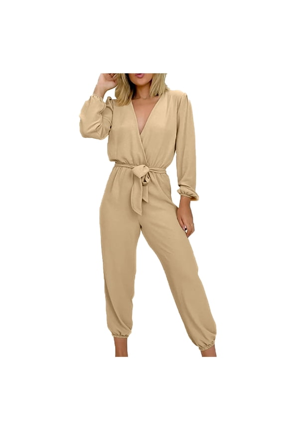 Women Casual Jumpsuits V Neck Long Sleeve Playsuit with Belted Ladies Elegant Dungarees Summer Baggy Playsuits Bib Overalls Wedding Party Clubbing Romper